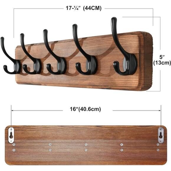 Wall Mounted Coat Rack Solid Wood Pine 5 Hooks - Picture 3 of 7